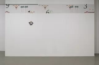 Parabolic eyebrow tack on (rather than a signature), 2011, Helen Marten