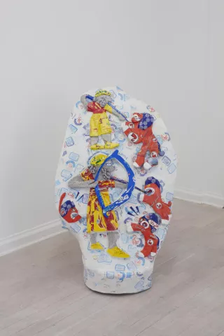 Stela fragment; relief carving shows two men wearing skirt and head band and four animals (lions) (IM23477) (Recovered, Missing, Stolen series), 2016, Michael Rakowitz